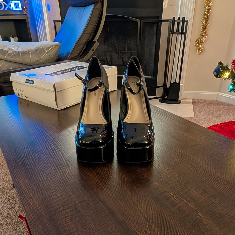 BAMBOO Black Patent Platform Crane Mary Jane Chunky Block High Heels Pumps